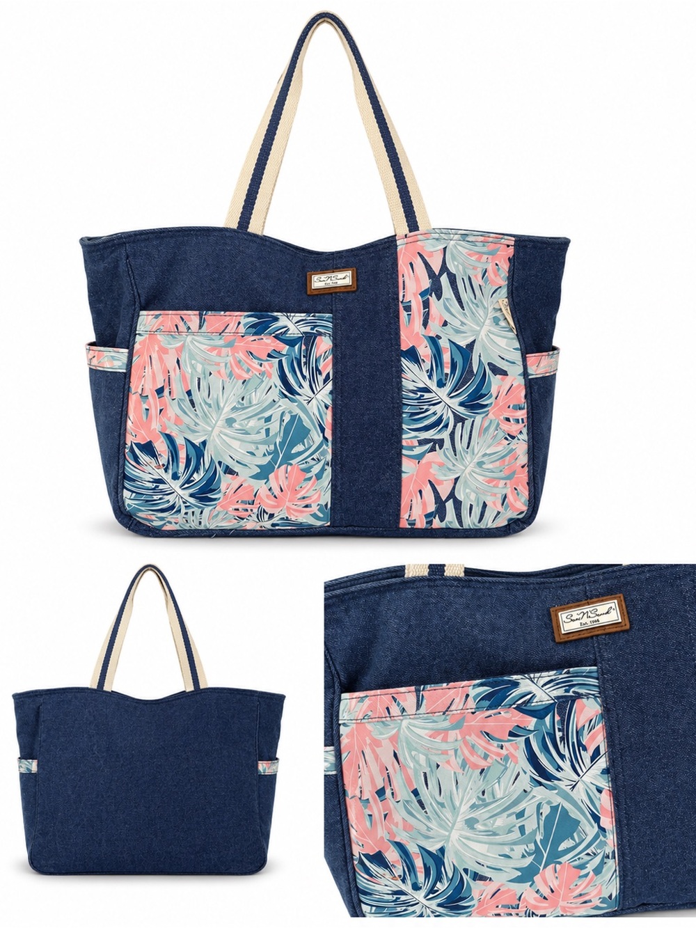 Sun ’N’ Sand Denim Tropical Palm Print Large Tote Bag
